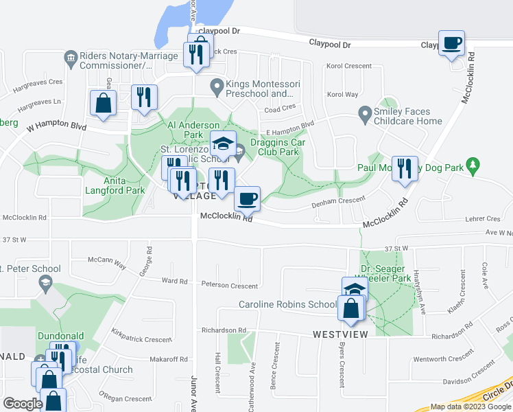 map of restaurants, bars, coffee shops, grocery stores, and more near 203 Denham Crescent in Saskatoon