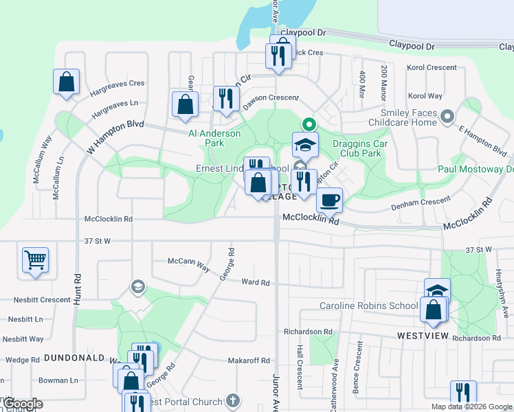 map of restaurants, bars, coffee shops, grocery stores, and more near 106 Hampton Circle in Saskatoon