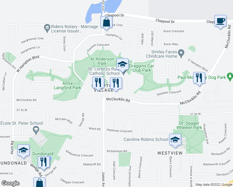 map of restaurants, bars, coffee shops, grocery stores, and more near 2950 McClocklin Road in Saskatoon