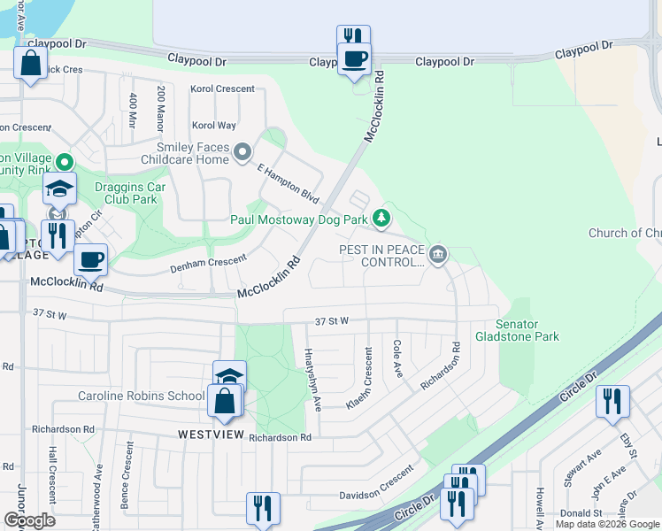 map of restaurants, bars, coffee shops, grocery stores, and more near 303 Lehrer Manor in Saskatoon