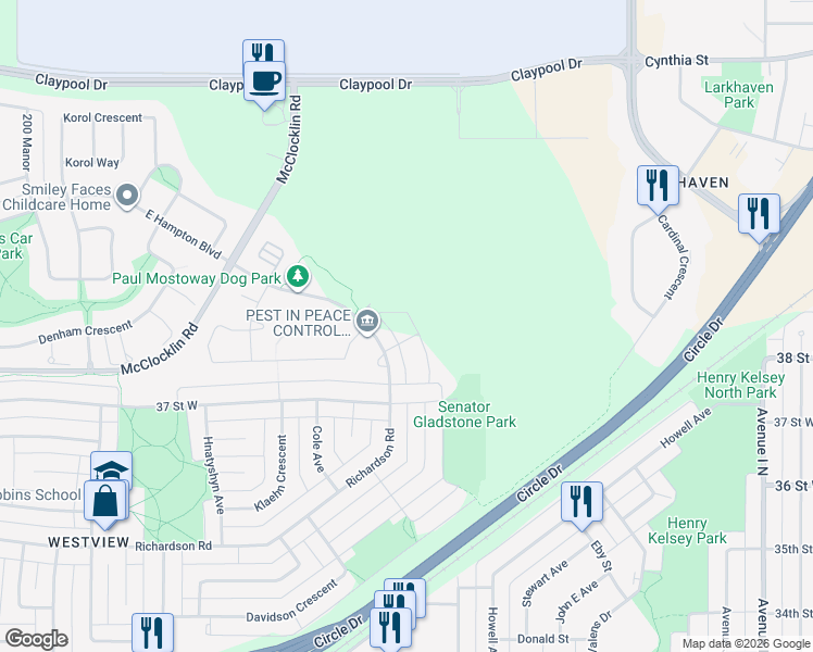 map of restaurants, bars, coffee shops, grocery stores, and more near 1602 Richardson Road in Saskatoon