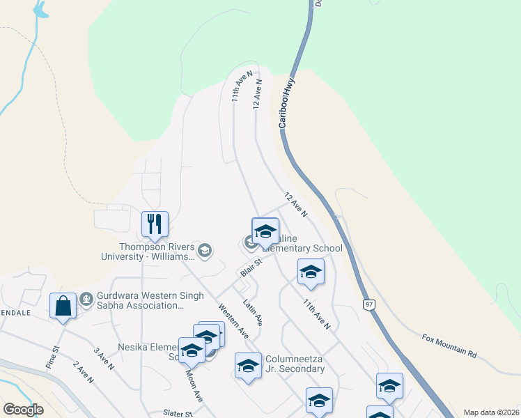 map of restaurants, bars, coffee shops, grocery stores, and more near 1300 11th Avenue North in Williams Lake
