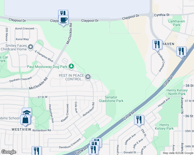 map of restaurants, bars, coffee shops, grocery stores, and more near 1602 Richardson Road in Saskatoon