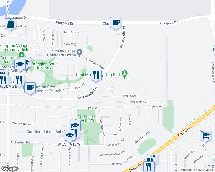 map of restaurants, bars, coffee shops, grocery stores, and more near 330 Lehrer Manor in Saskatoon