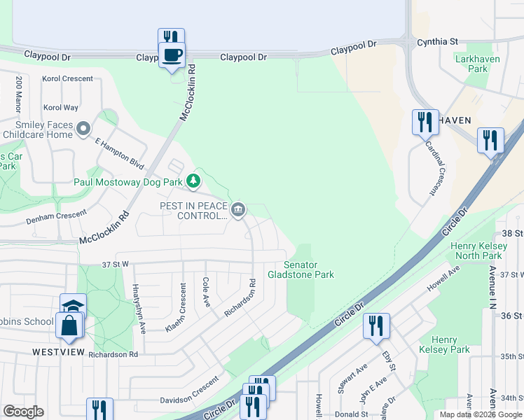 map of restaurants, bars, coffee shops, grocery stores, and more near 1602 Richardson Road in Saskatoon