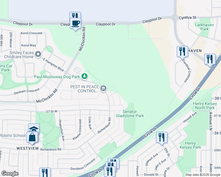 map of restaurants, bars, coffee shops, grocery stores, and more near 1602 Richardson Road in Saskatoon