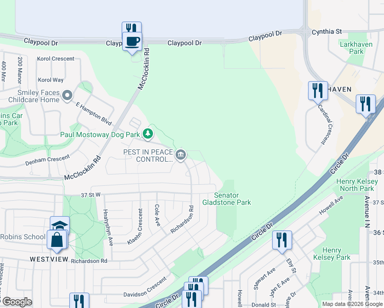 map of restaurants, bars, coffee shops, grocery stores, and more near 1602 Richardson Road in Saskatoon