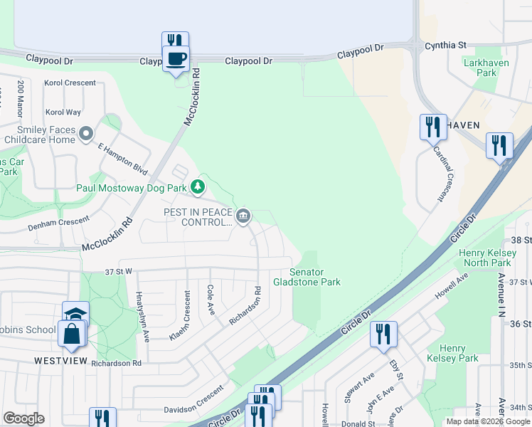 map of restaurants, bars, coffee shops, grocery stores, and more near 1602 Richardson Road in Saskatoon