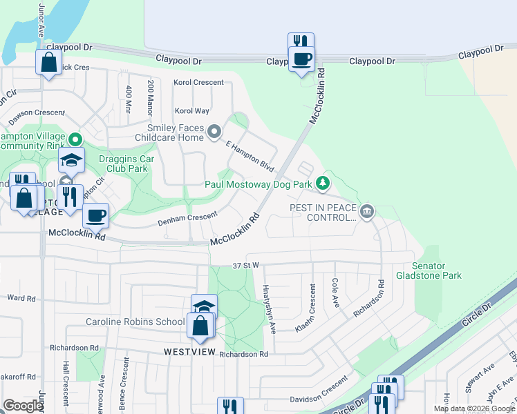 map of restaurants, bars, coffee shops, grocery stores, and more near 330 Lehrer Manor in Saskatoon