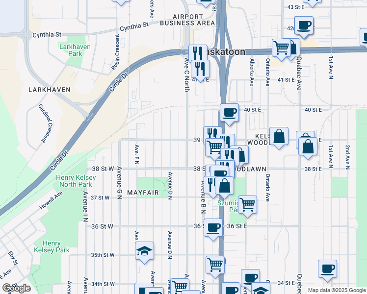 map of restaurants, bars, coffee shops, grocery stores, and more near 1729 Avenue C North in Saskatoon