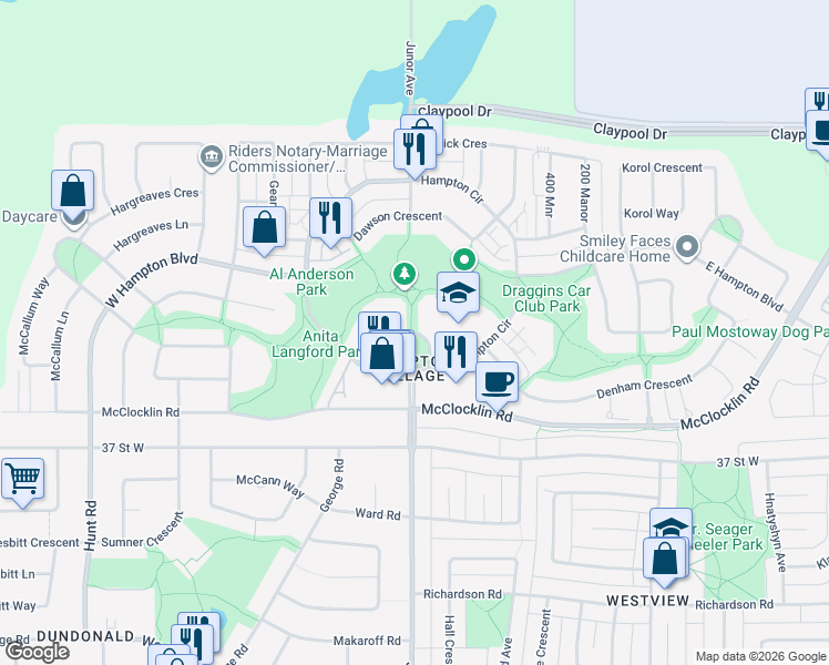 map of restaurants, bars, coffee shops, grocery stores, and more near Hampton Green in Saskatoon