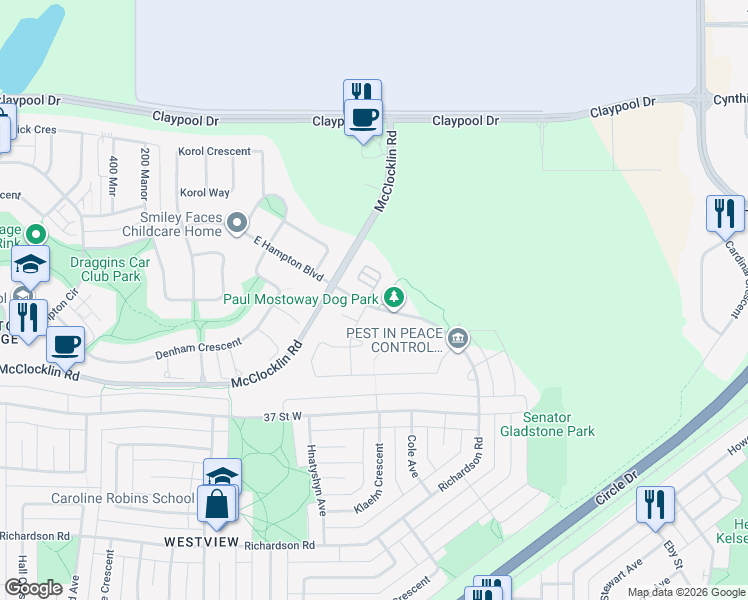 map of restaurants, bars, coffee shops, grocery stores, and more near in Saskatoon