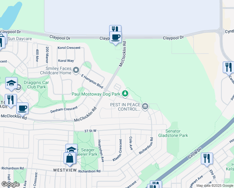 map of restaurants, bars, coffee shops, grocery stores, and more near 1303 Richardson Road in Saskatoon