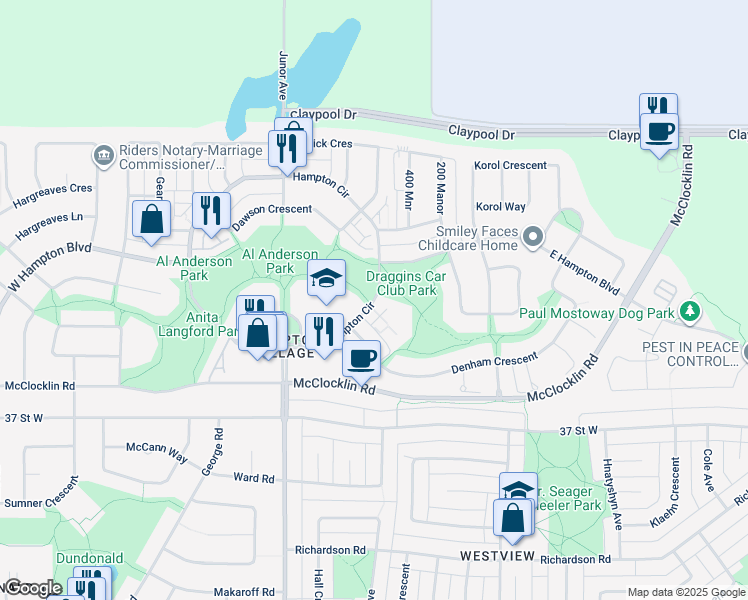 map of restaurants, bars, coffee shops, grocery stores, and more near 530 Hampton Circle in Saskatoon