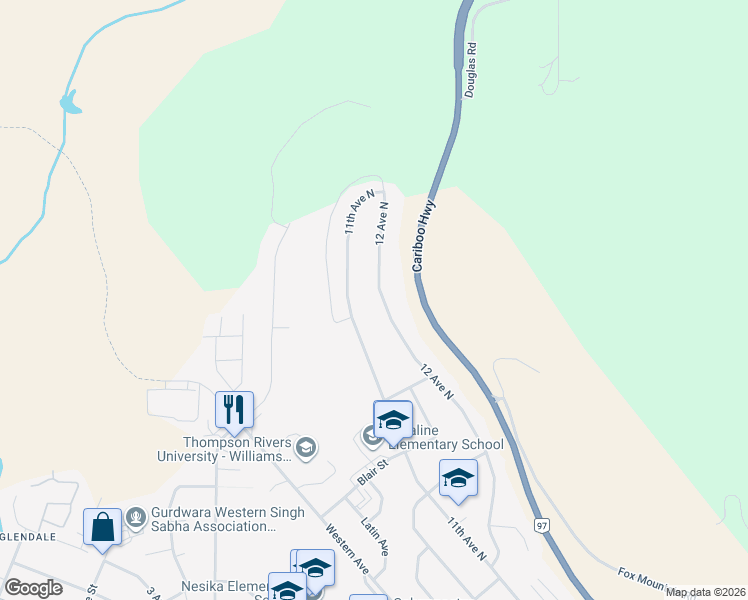 map of restaurants, bars, coffee shops, grocery stores, and more near 1405 12 Avenue North in Williams Lake