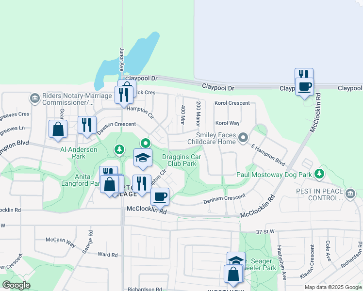 map of restaurants, bars, coffee shops, grocery stores, and more near 134 East Hampton Boulevard in Saskatoon