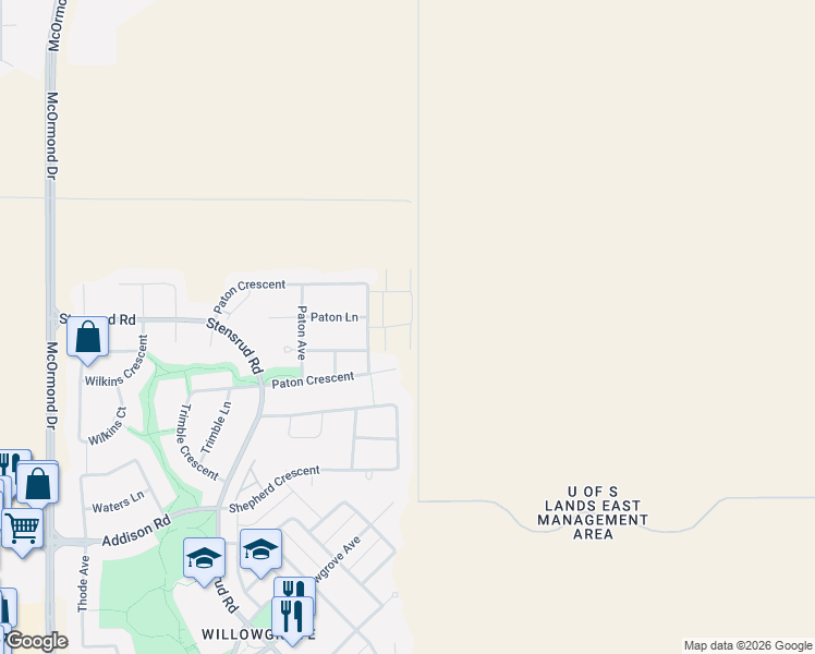 map of restaurants, bars, coffee shops, grocery stores, and more near 1100 Paton Lane in Saskatoon