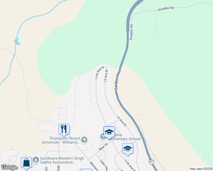 map of restaurants, bars, coffee shops, grocery stores, and more near 1460 12 Avenue North in Williams Lake
