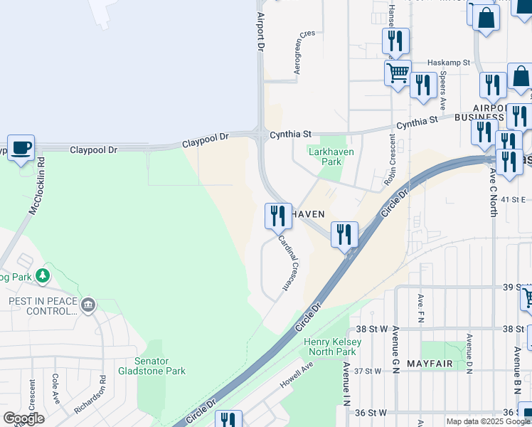 map of restaurants, bars, coffee shops, grocery stores, and more near 2121-2103 Airport Drive in Saskatoon