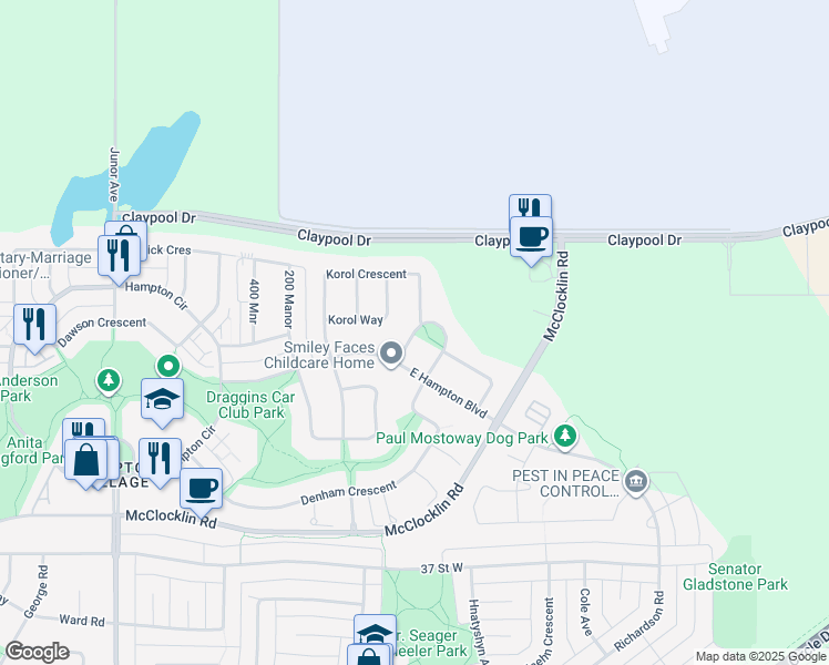 map of restaurants, bars, coffee shops, grocery stores, and more near Korol Green in Saskatoon