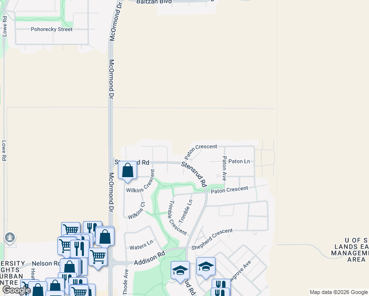 map of restaurants, bars, coffee shops, grocery stores, and more near 127 Zimmer Crescent in Saskatoon