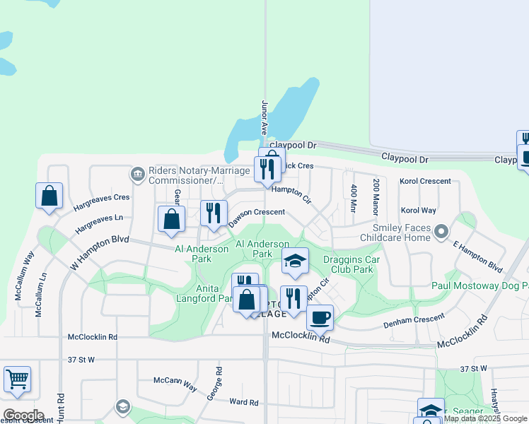 map of restaurants, bars, coffee shops, grocery stores, and more near Dawson Crescent in Saskatoon