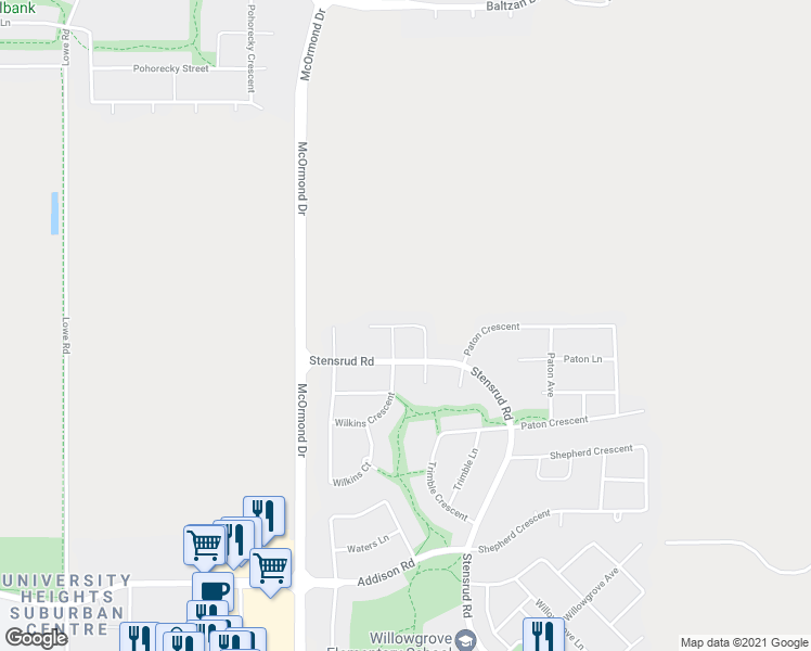 map of restaurants, bars, coffee shops, grocery stores, and more near Zimmer Crescent in Saskatoon