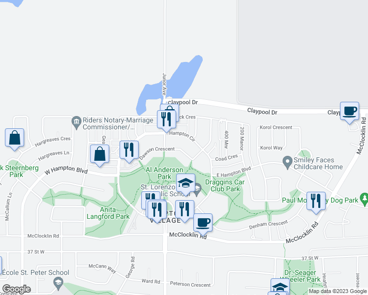 map of restaurants, bars, coffee shops, grocery stores, and more near 334 Dawson Crescent in Saskatoon