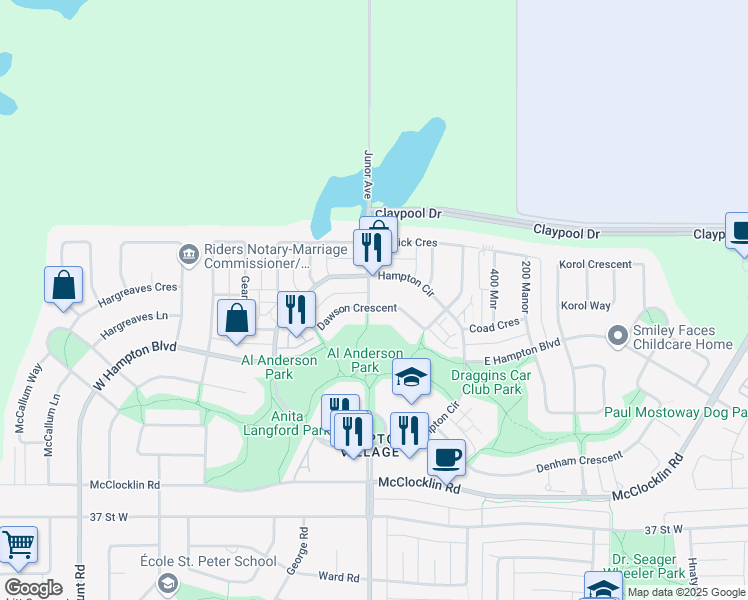 map of restaurants, bars, coffee shops, grocery stores, and more near 302 Dawson Crescent in Saskatoon