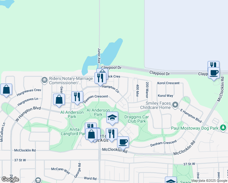 map of restaurants, bars, coffee shops, grocery stores, and more near 334 Dawson Crescent in Saskatoon