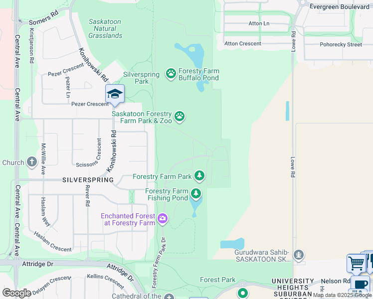map of restaurants, bars, coffee shops, grocery stores, and more near 1903 Forestry Farm Park Drive in Saskatoon