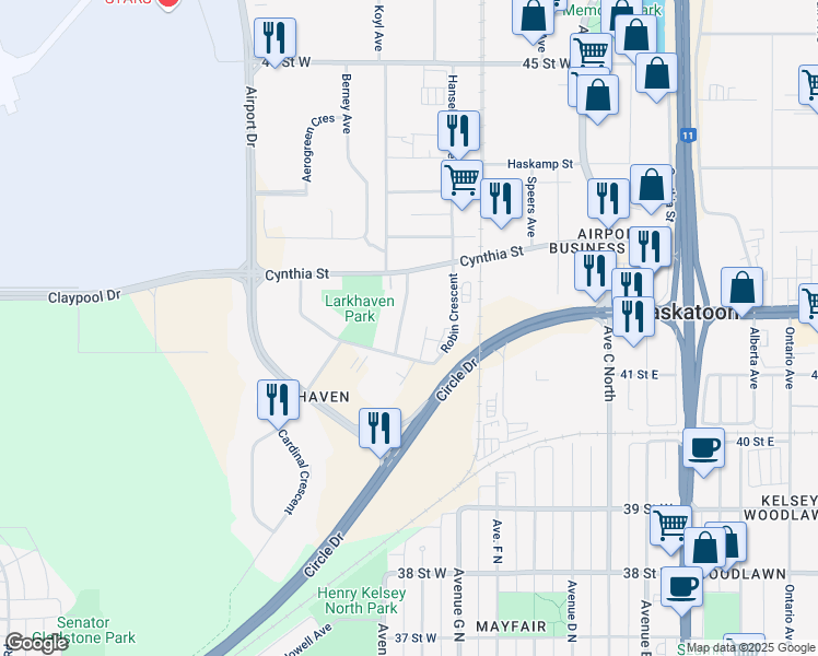 map of restaurants, bars, coffee shops, grocery stores, and more near 334 Robin Way in Saskatoon