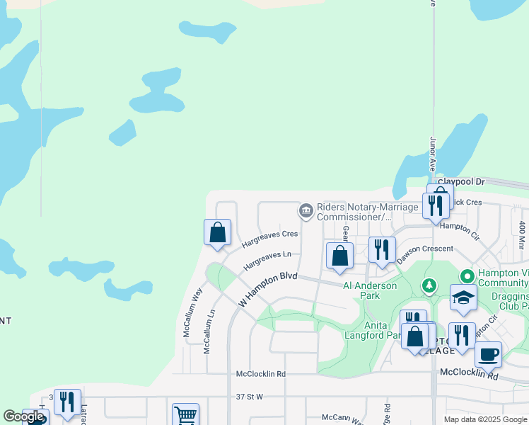 map of restaurants, bars, coffee shops, grocery stores, and more near 1207 Hargreaves Way in Saskatoon