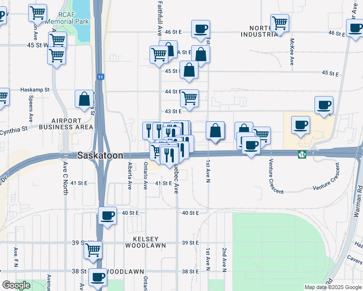 map of restaurants, bars, coffee shops, grocery stores, and more near 510 Circle Drive East in Saskatoon