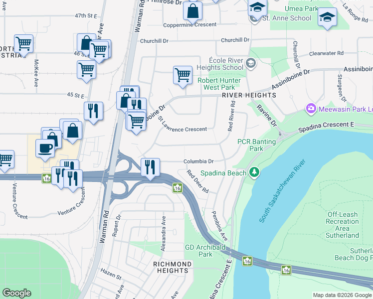 map of restaurants, bars, coffee shops, grocery stores, and more near 53 Red River Road in Saskatoon