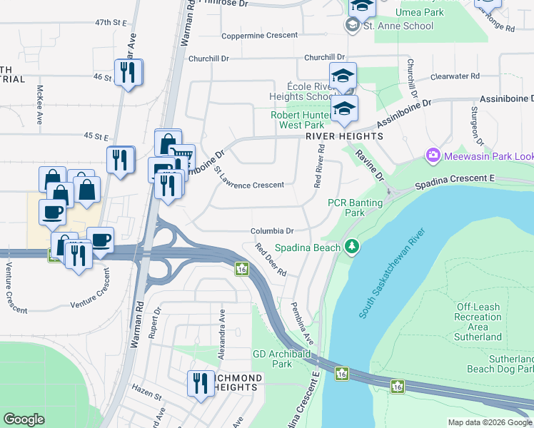 map of restaurants, bars, coffee shops, grocery stores, and more near 53 Red River Road in Saskatoon