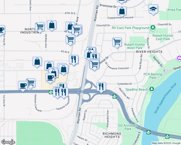 map of restaurants, bars, coffee shops, grocery stores, and more near 7 Assiniboine Drive in Saskatoon