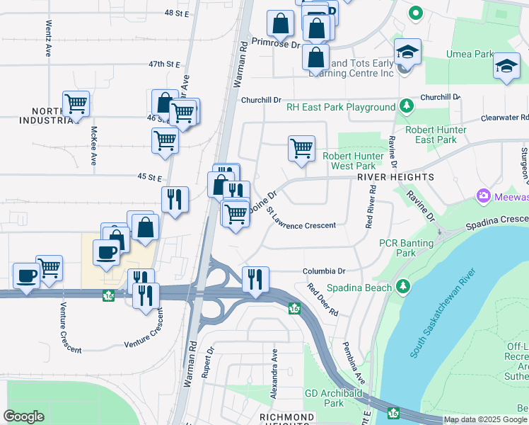 map of restaurants, bars, coffee shops, grocery stores, and more near 111 Saint Lawrence Crescent in Saskatoon