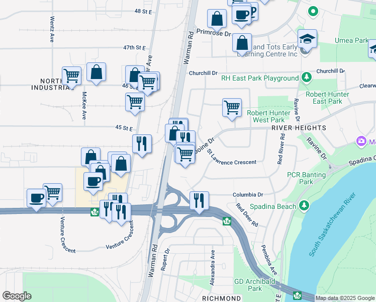 map of restaurants, bars, coffee shops, grocery stores, and more near 14 Assiniboine Drive in Saskatoon