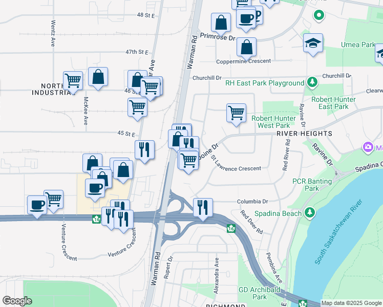 map of restaurants, bars, coffee shops, grocery stores, and more near 14 Assiniboine Drive in Saskatoon