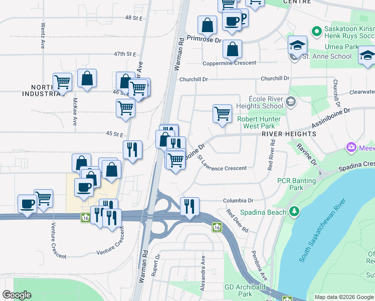 map of restaurants, bars, coffee shops, grocery stores, and more near 20 Assiniboine Drive in Saskatoon