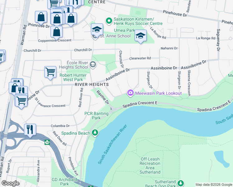 map of restaurants, bars, coffee shops, grocery stores, and more near 30 Capilano Drive in Saskatoon