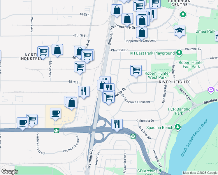 map of restaurants, bars, coffee shops, grocery stores, and more near 139 Saint Lawrence Court in Saskatoon