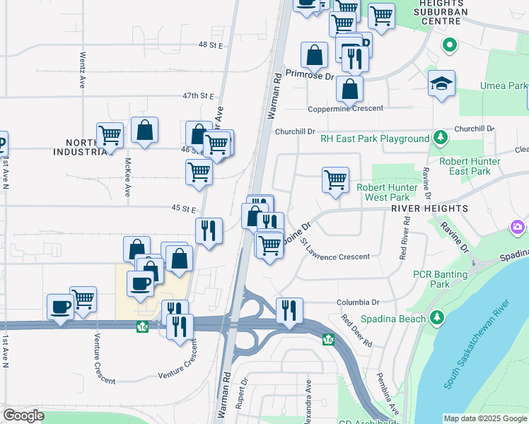 map of restaurants, bars, coffee shops, grocery stores, and more near 143 Saint Lawrence Court in Saskatoon