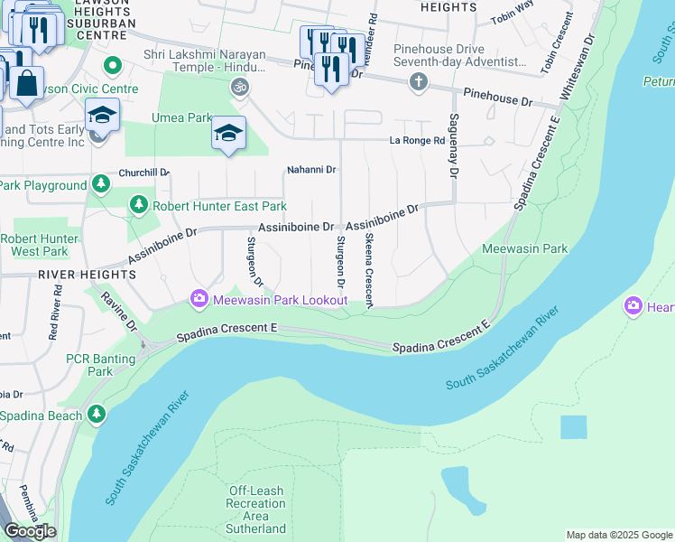 map of restaurants, bars, coffee shops, grocery stores, and more near 534 Sturgeon Drive in Saskatoon