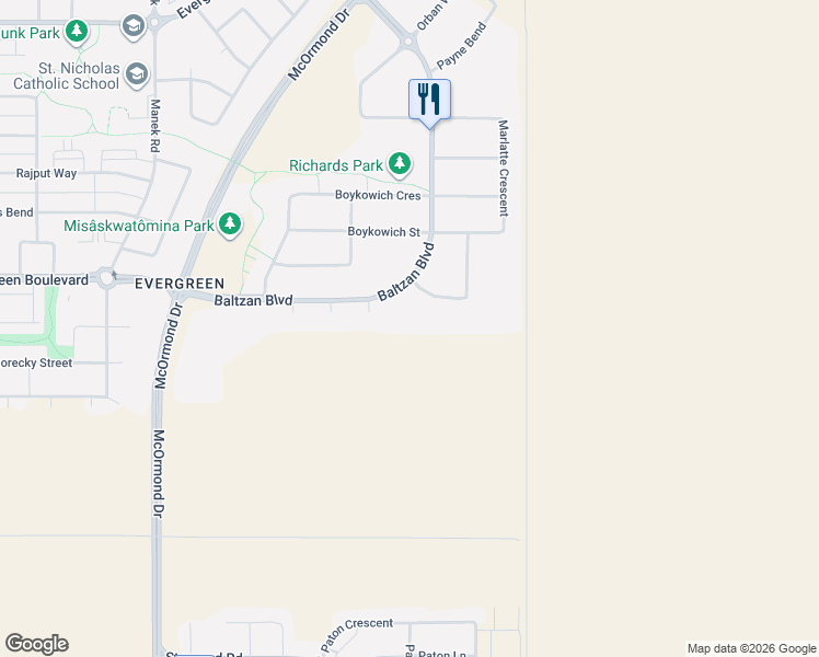 map of restaurants, bars, coffee shops, grocery stores, and more near 110 Akhtar Bend in Saskatoon