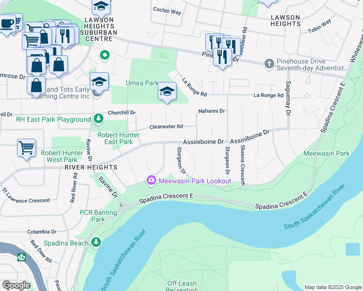 map of restaurants, bars, coffee shops, grocery stores, and more near 102 Sturgeon Drive in Saskatoon