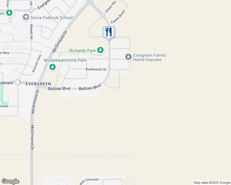 map of restaurants, bars, coffee shops, grocery stores, and more near 201 Akhtar Bend in Saskatoon