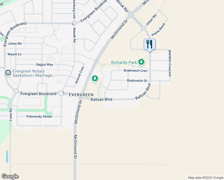 map of restaurants, bars, coffee shops, grocery stores, and more near Boykowich Bend in Saskatoon