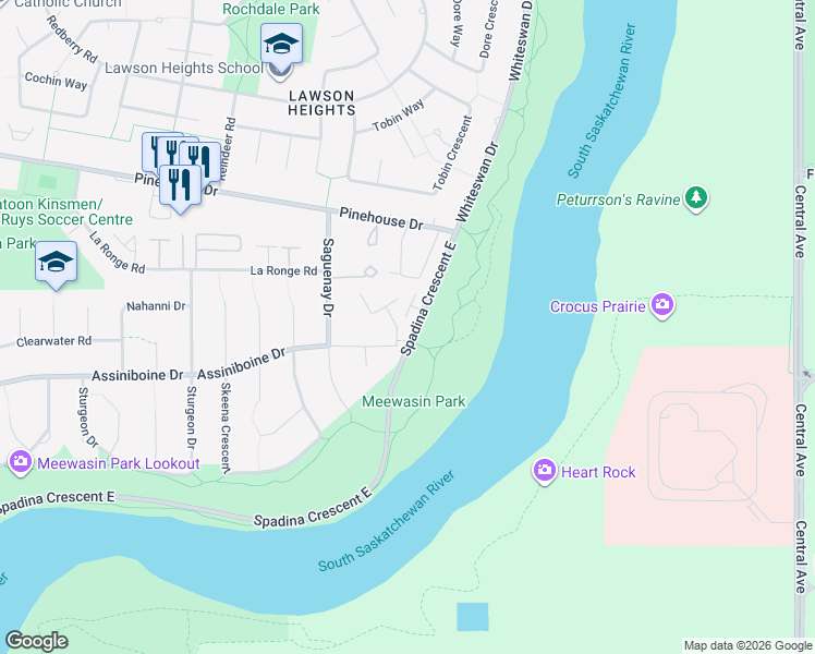 map of restaurants, bars, coffee shops, grocery stores, and more near 2703 Spadina Crescent East in Saskatoon